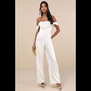 NWT LULUS Unbelievable Aura White Satin Off-the-Shoulder Jumpsuit